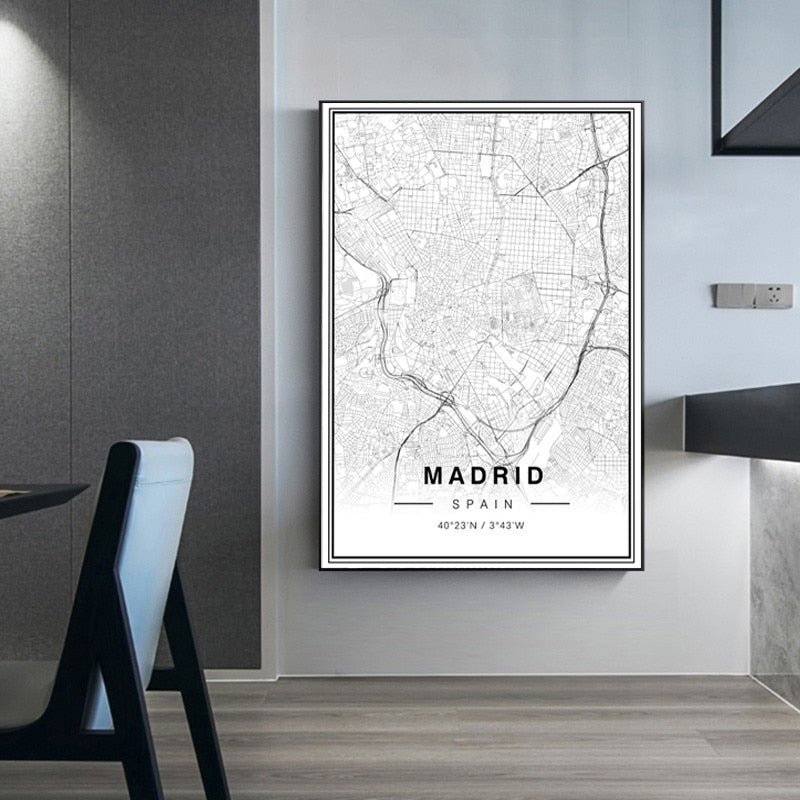 Monochrome Madrid City Map Art Print with Latitude and Longitude