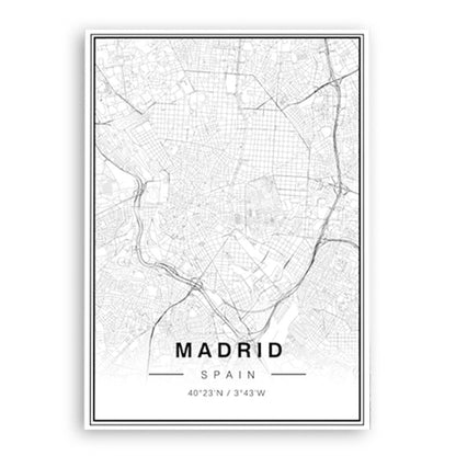 Monochrome Madrid City Map Art Print with Latitude and Longitude