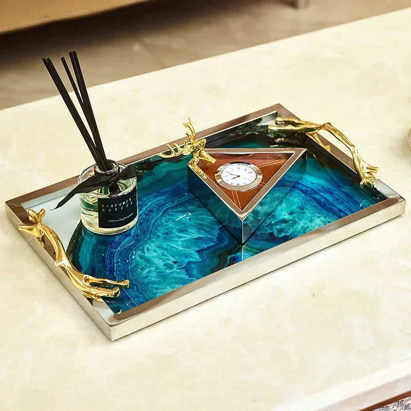 Serving Tray with Blue Agate Glass and Stainless Steel Frame