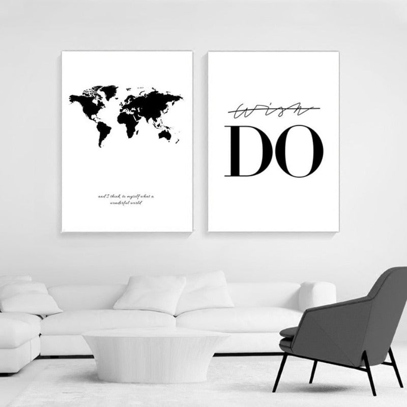 Canvas Wall Art of Black and White World Map