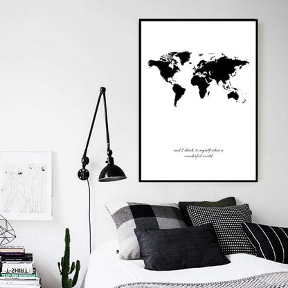 Canvas Wall Art of Black and White World Map