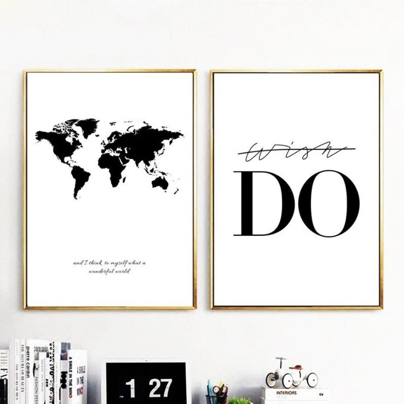 Canvas Wall Art of Black and White World Map