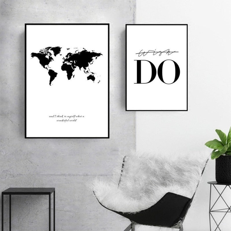 Canvas Wall Art of Black and White World Map