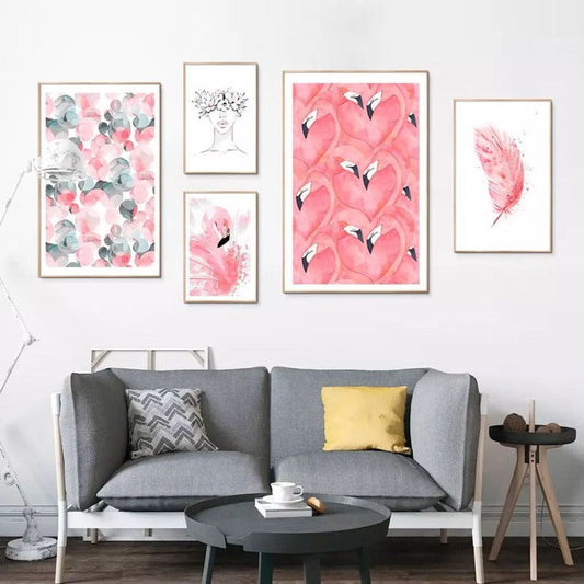 Canvas Wall Art Featuring Pink Flamingo Feather Design