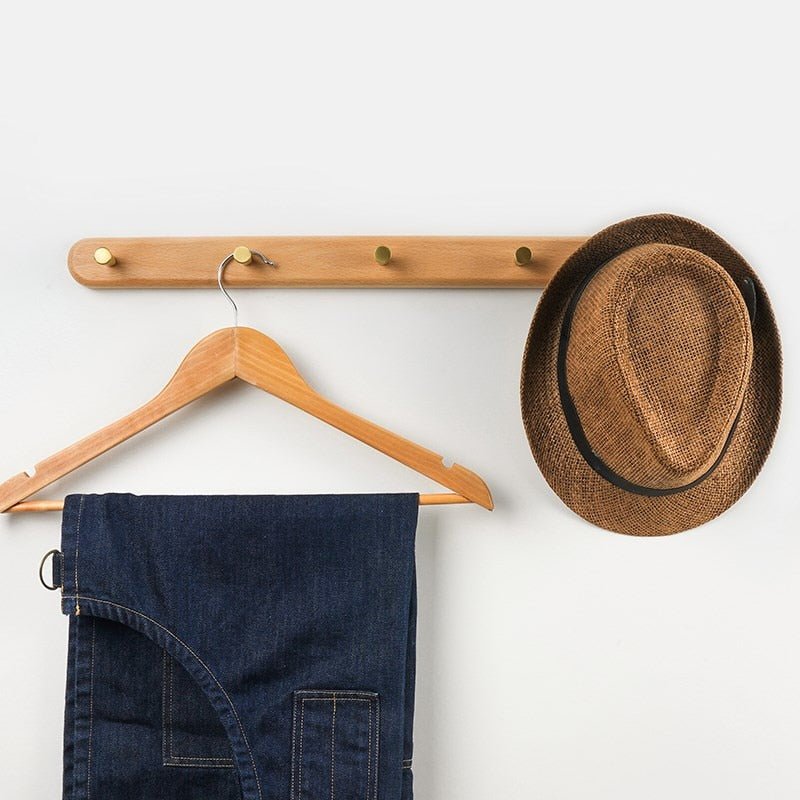 Minimalist Wooden Coat Rack with Brass Hooks for Wall Mounting