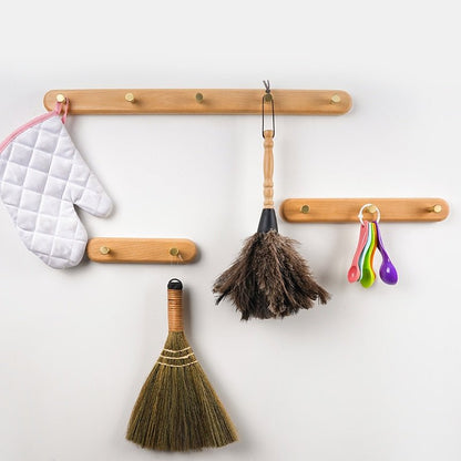 Minimalist Wooden Coat Rack with Brass Hooks for Wall Mounting