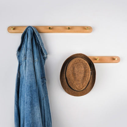 Minimalist Wooden Coat Rack with Brass Hooks for Wall Mounting