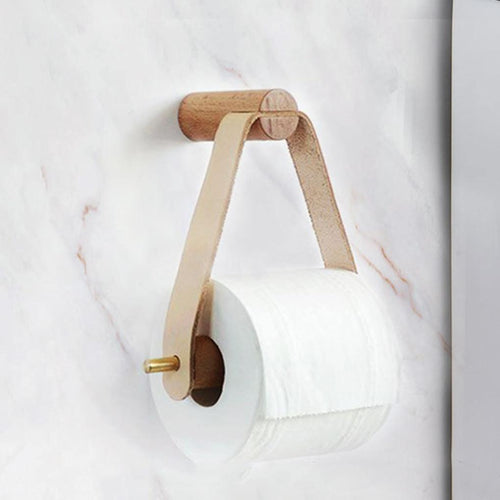 Toilet Paper Holder in Oak and Faux Leather – Minimalist Bathroom Style