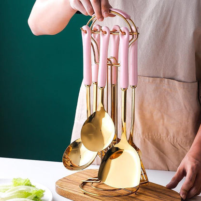 Golden Kitchen Tools Set with Stand - Metallic Finish