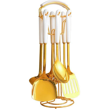 Golden Kitchen Tools Set with Stand - Metallic Finish