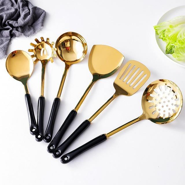 Golden Kitchen Tools Set with Stand - Metallic Finish