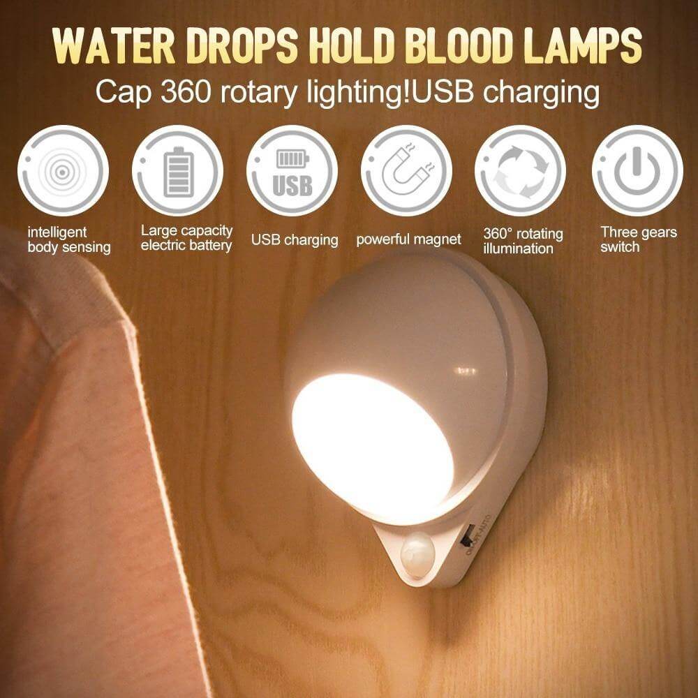 Rechargeable Body Sensing Lamp with 360-Degree Rotating Water Drop Design