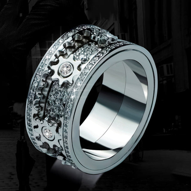 CalmSphere Rotating Gear Ring | Adjustable Fit | Hypoallergenic Stainless Steel | Silent Spinning for Focus | Silver/Black