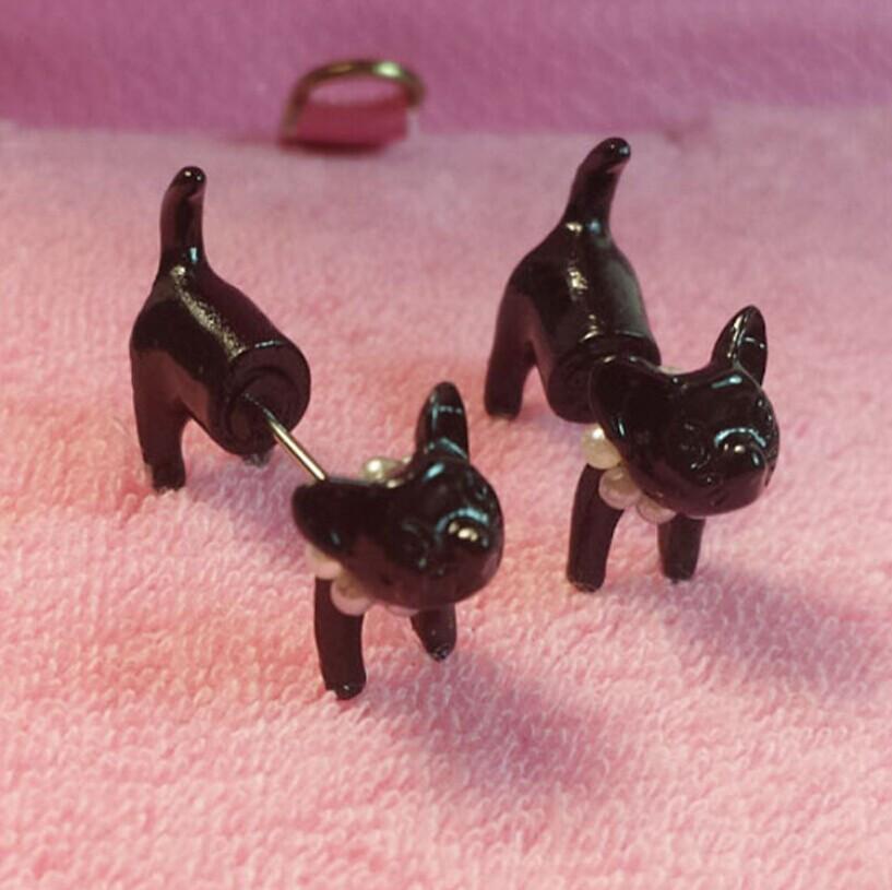 Stud Earrings Featuring a Black Cat Design