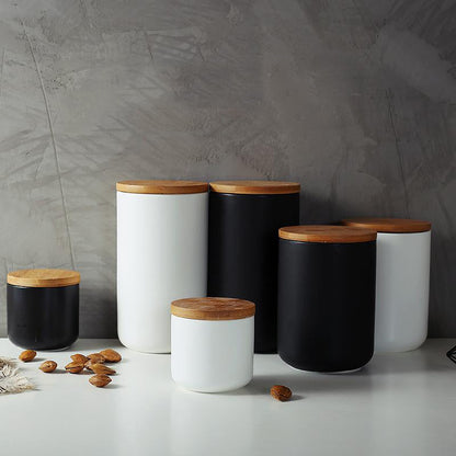 Storage Jar in Black or White with Natural Wooden Lid