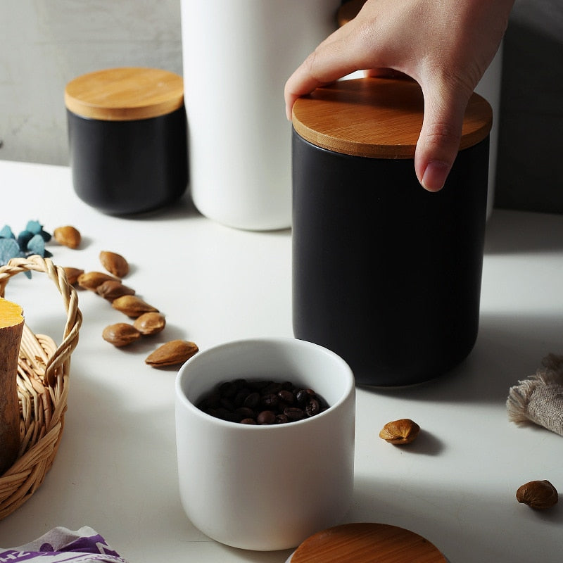 Storage Jar in Black or White with Natural Wooden Lid