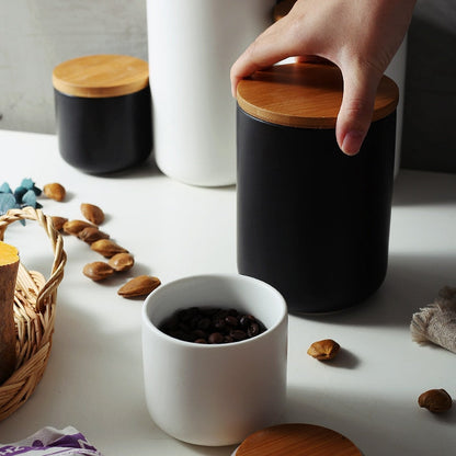 Storage Jar in Black or White with Natural Wooden Lid