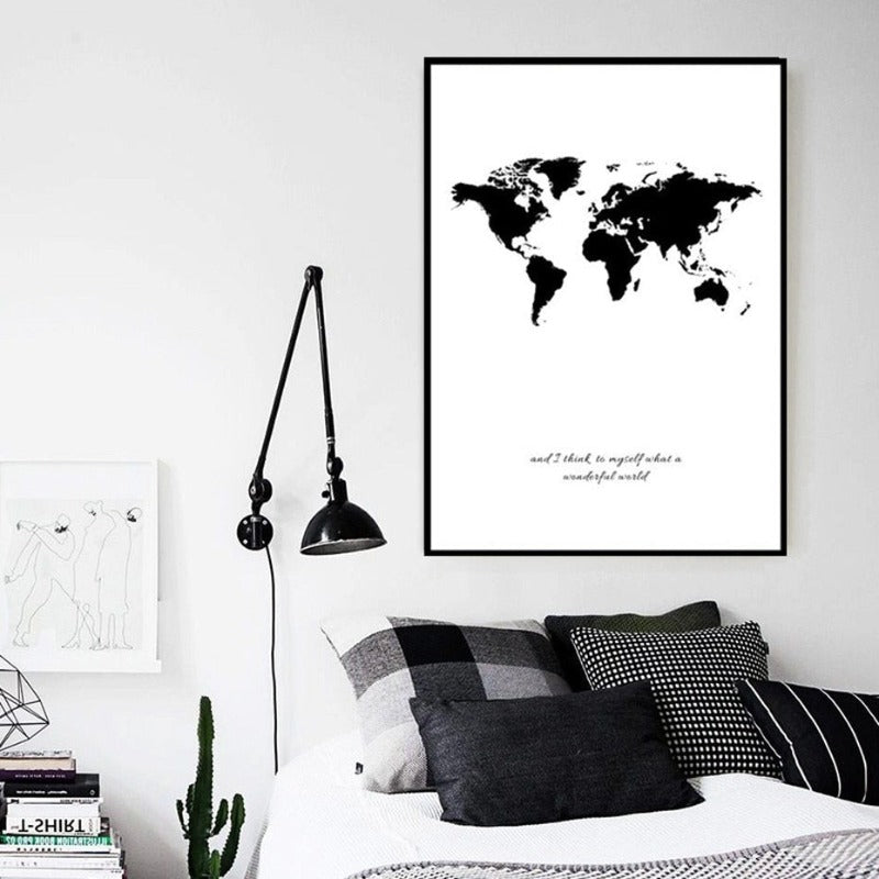 Canvas Wall Art of Black and White World Map