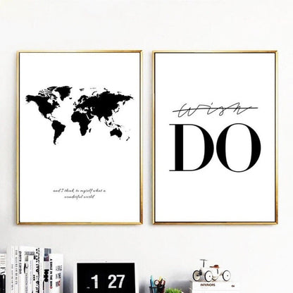 Canvas Wall Art of Black and White World Map