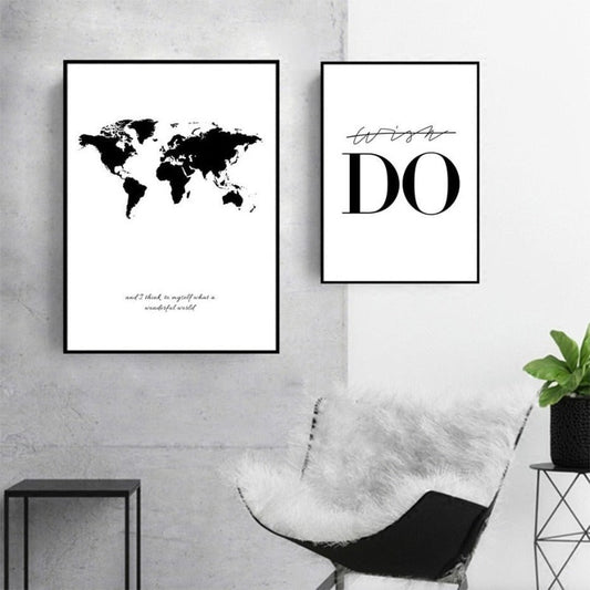 Canvas Wall Art of Black and White World Map