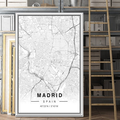 Monochrome Madrid City Map Art Print with Latitude and Longitude