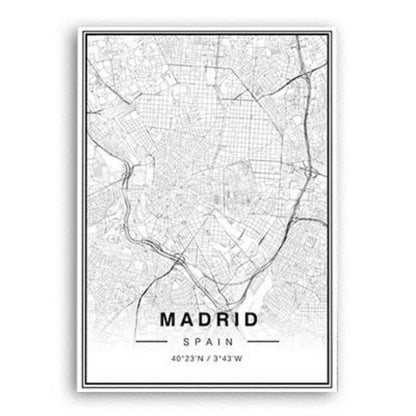 Monochrome Madrid City Map Art Print with Latitude and Longitude