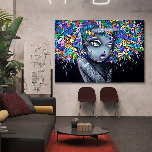Creative Canvas Wall Art - Graffiti Hair Artwork for Girls