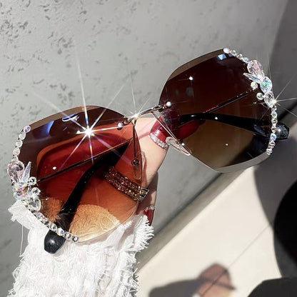 Oversized Geometric Rimless Sunglasses with Rhinestones and UV400 Protection for Women