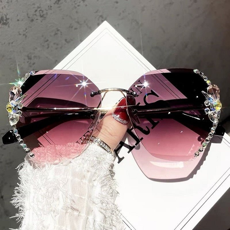 Oversized Geometric Rimless Sunglasses with Rhinestones and UV400 Protection for Women