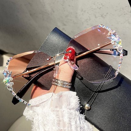 Oversized Geometric Rimless Sunglasses with Rhinestones and UV400 Protection for Women