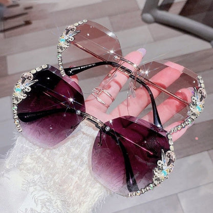 Oversized Geometric Rimless Sunglasses with Rhinestones and UV400 Protection for Women
