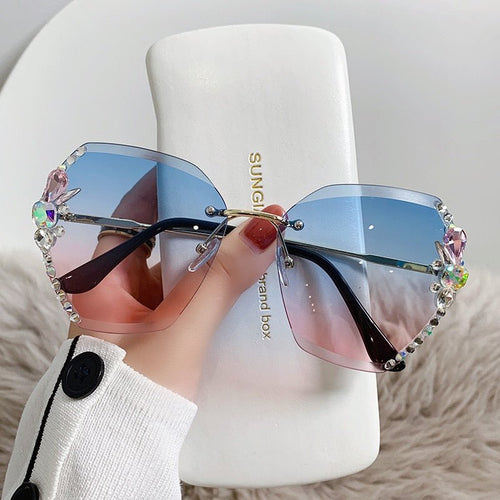 Oversized Geometric Rimless Sunglasses with Rhinestones and UV400 Protection for Women