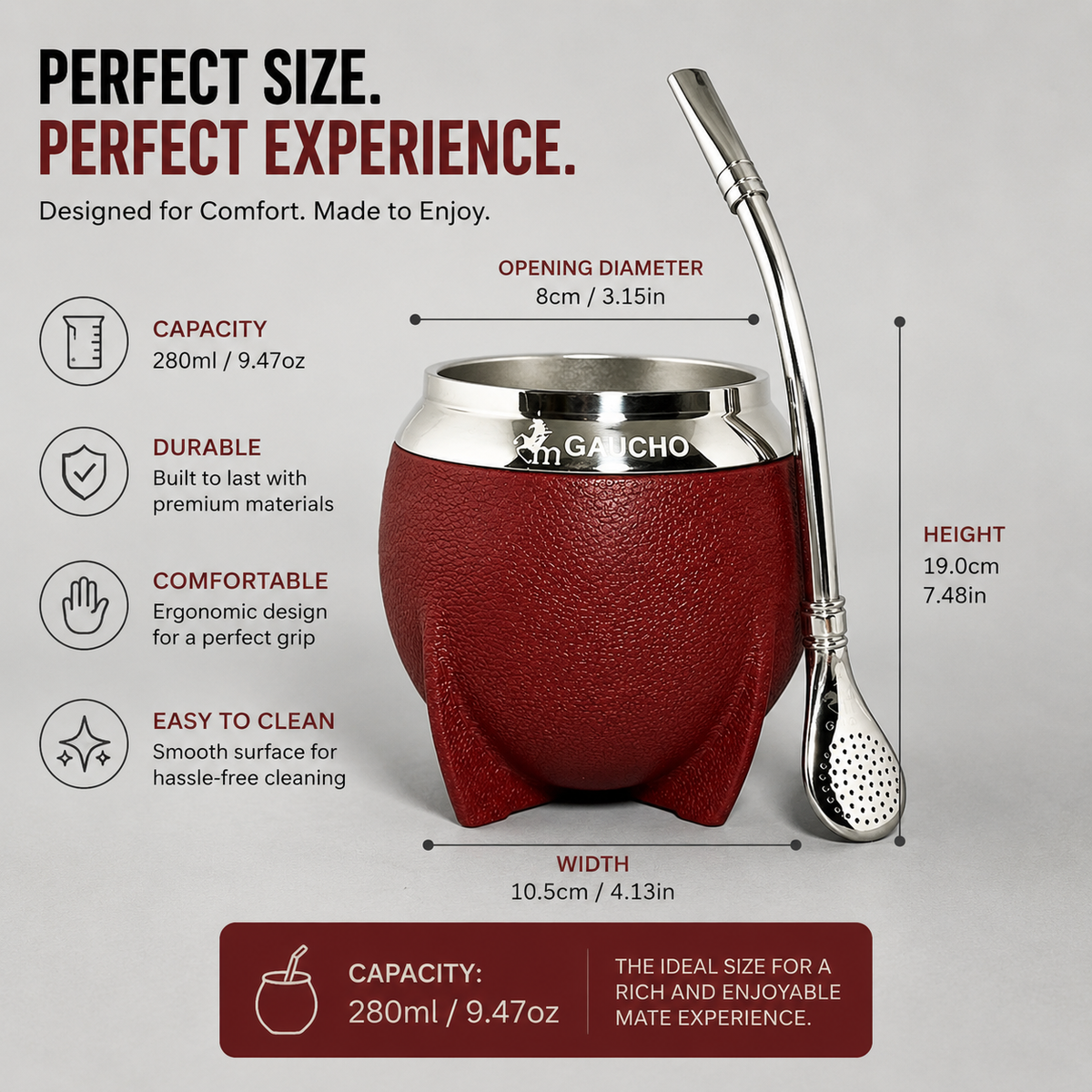 Insulated Stainless Steel Yerba Mate Cup Set with Bombilla Straw & Brush - 10oz Travel Design