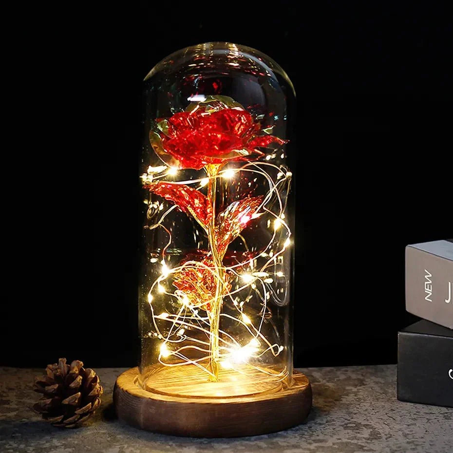 Glass Dome Display with Preserved Rose – Illuminated Home Decoration