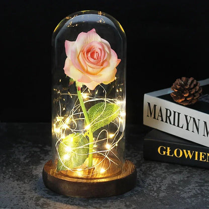 Glass Dome Display with Preserved Rose – Illuminated Home Decoration