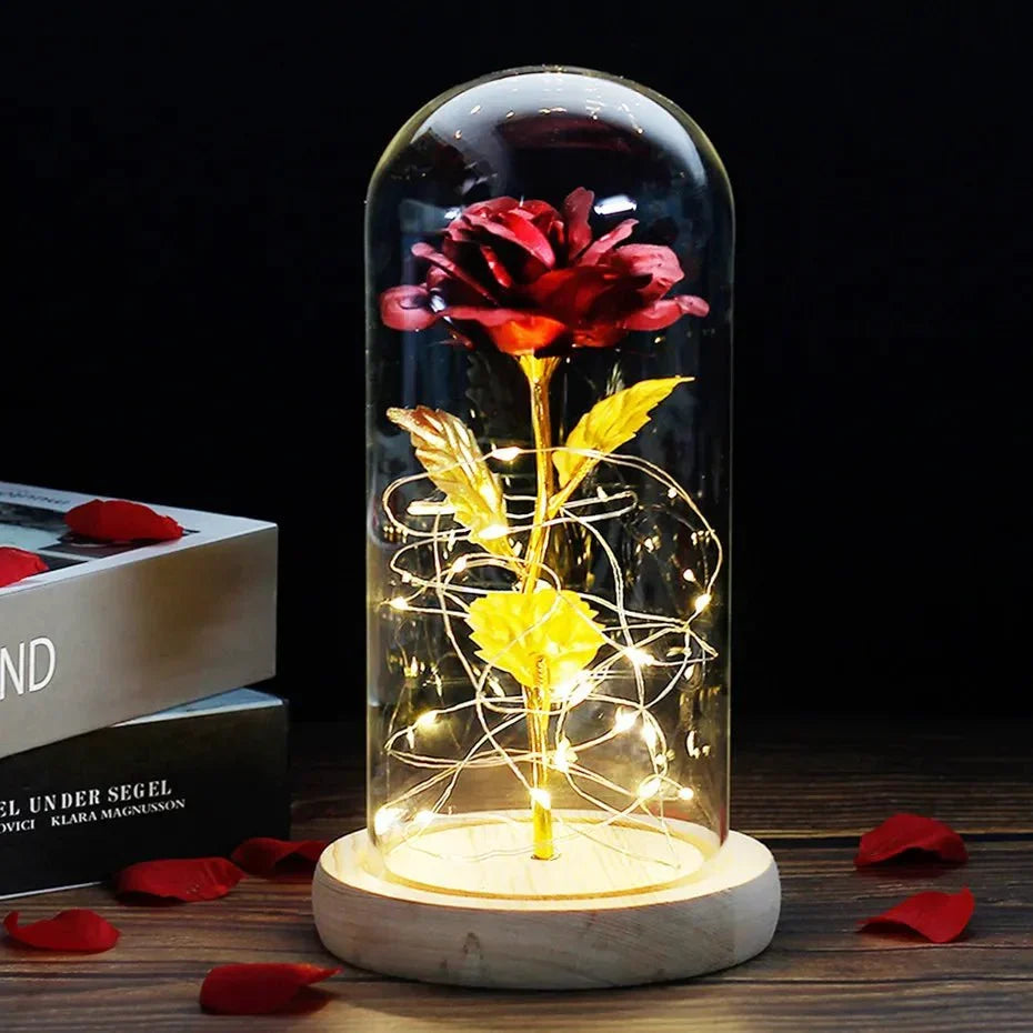 Glass Dome Display with Preserved Rose – Illuminated Home Decoration