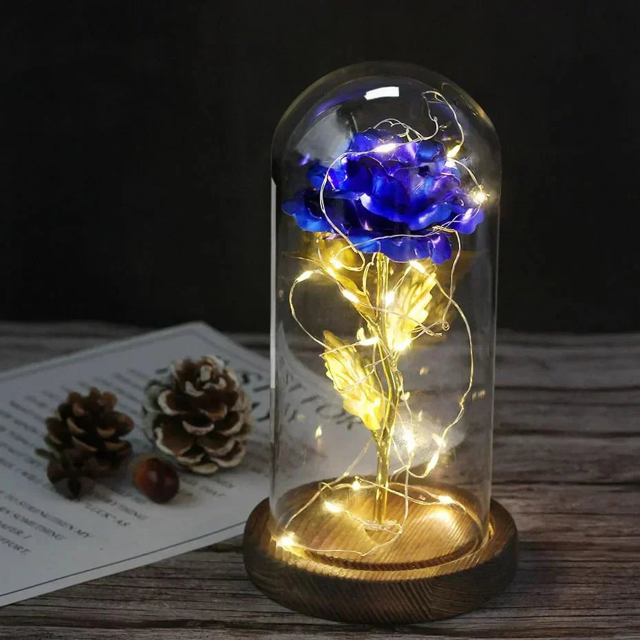 Glass Dome Display with Preserved Rose – Illuminated Home Decoration