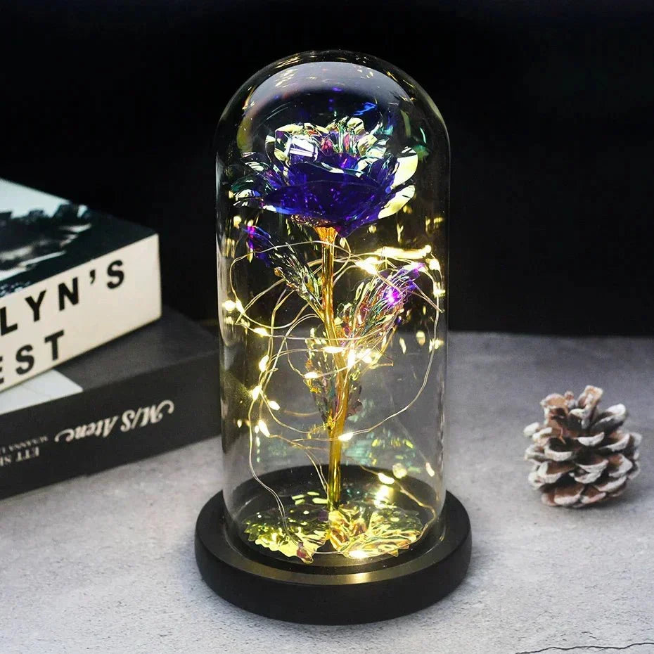 Glass Dome Display with Preserved Rose – Illuminated Home Decoration