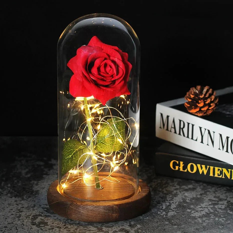 Glass Dome Display with Preserved Rose – Illuminated Home Decoration