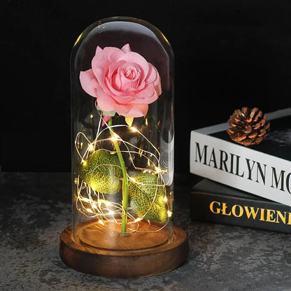 Glass Dome Display with Preserved Rose – Illuminated Home Decoration