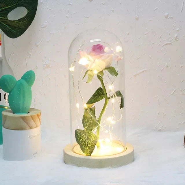 Glass Dome Display with Preserved Rose – Illuminated Home Decoration