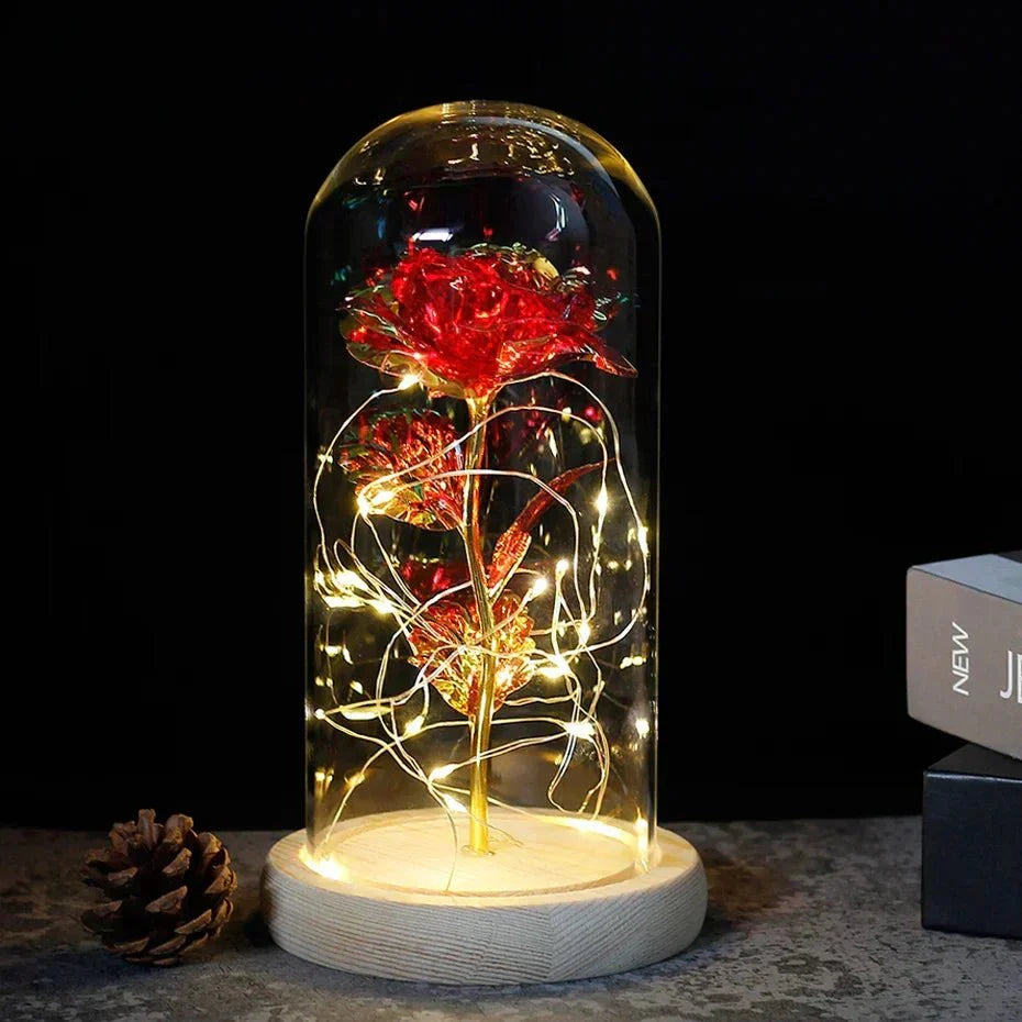 Glass Dome Display with Preserved Rose – Illuminated Home Decoration
