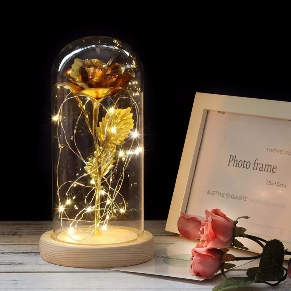 Glass Dome Display with Preserved Rose – Illuminated Home Decoration