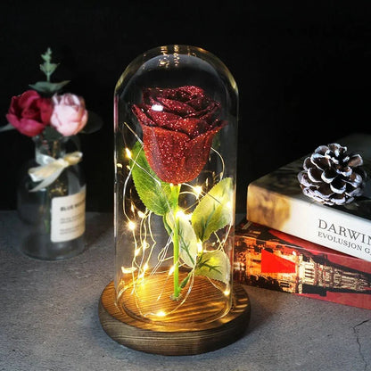 Glass Dome Display with Preserved Rose – Illuminated Home Decoration