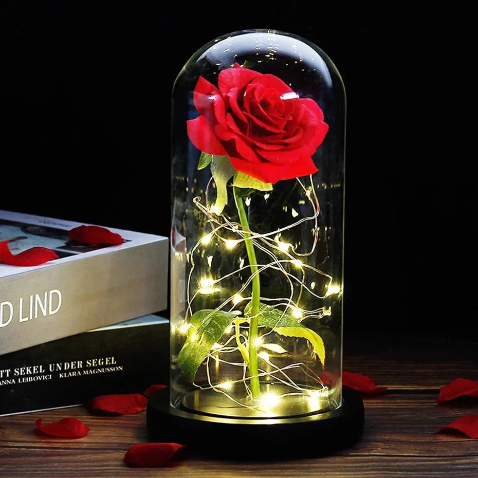 Glass Dome Display with Preserved Rose – Illuminated Home Decoration