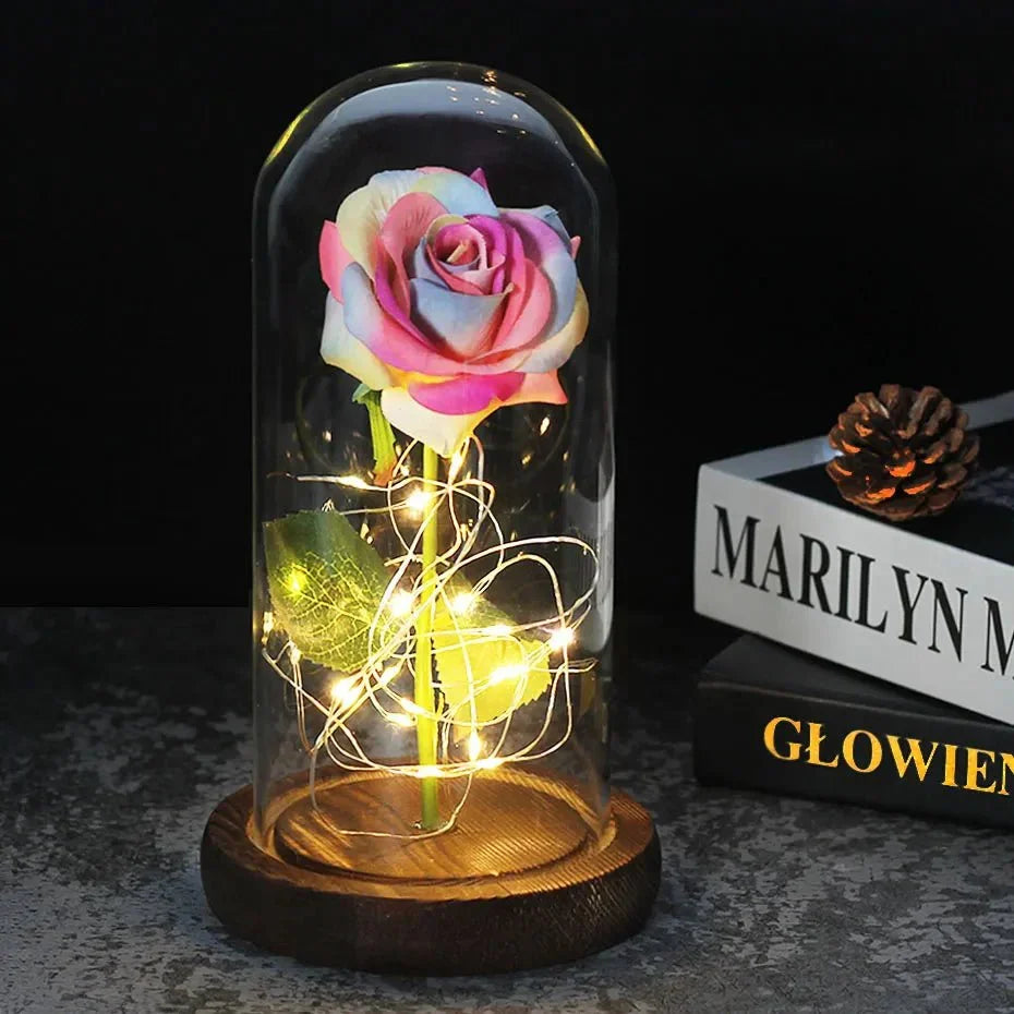 Glass Dome Display with Preserved Rose – Illuminated Home Decoration