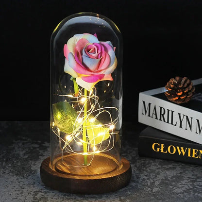 Glass Dome Display with Preserved Rose – Illuminated Home Decoration