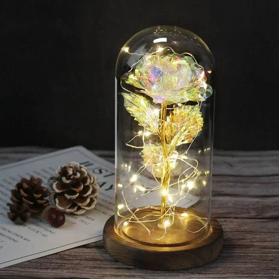 Glass Dome Display with Preserved Rose – Illuminated Home Decoration