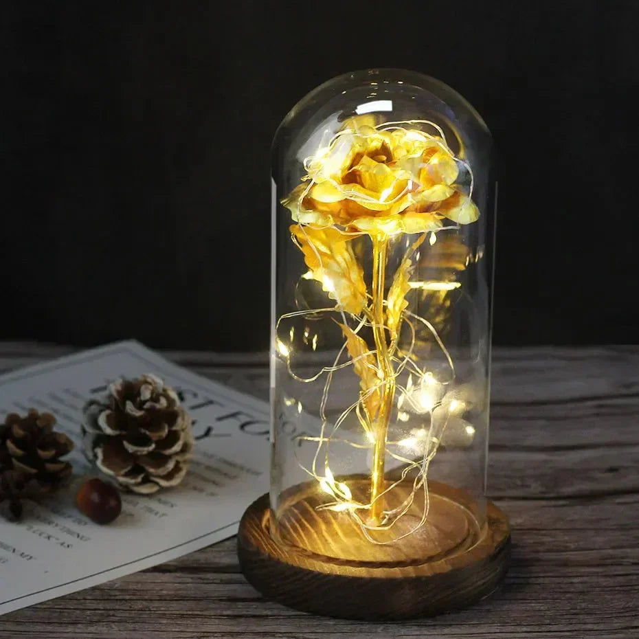 Glass Dome Display with Preserved Rose – Illuminated Home Decoration
