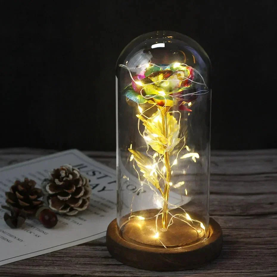 Glass Dome Display with Preserved Rose – Illuminated Home Decoration